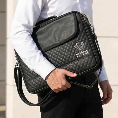 PU Leathere Fabric Talit 43*36 cm with Handle- Black with Embossed Letters