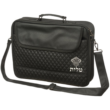 PU Leathere Fabric Talit 43*36 cm with Handle- Black with Embossed Letters