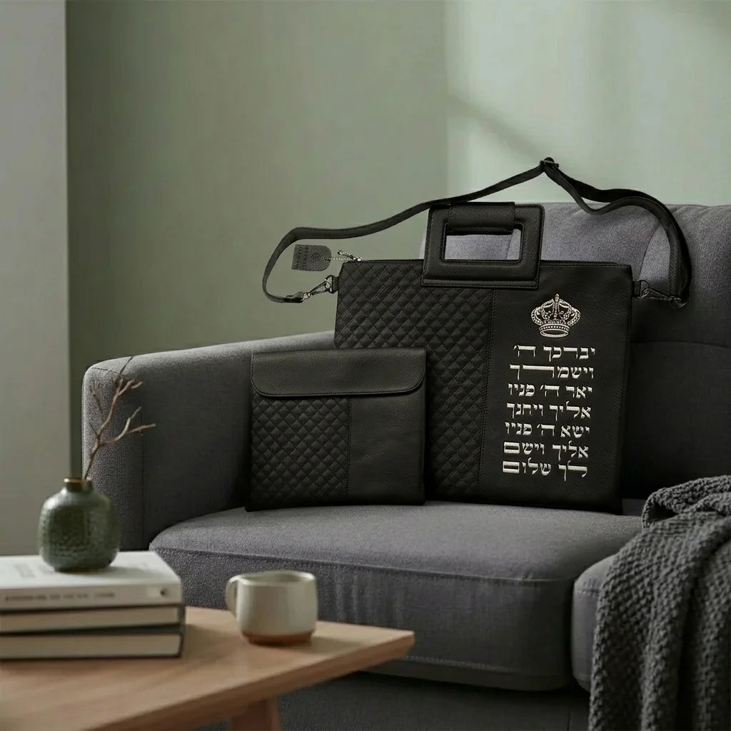 PU Leathere Fabric Talit & Tefilin Set 38*31 cm - Black with Embossed Letters