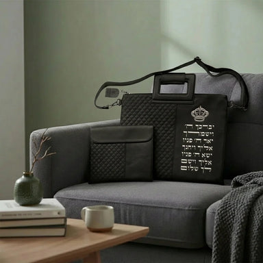 PU Leathere Fabric Talit & Tefilin Set 38*31 cm - Black with Embossed Letters