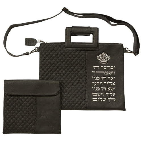 PU Leathere Fabric Talit & Tefilin Set 38*31 cm - Black with Embossed Letters