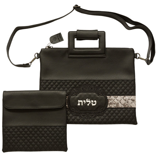 PU Fabric Talit & Tefilin Set 38*31 cm - Black with Embossed Letters