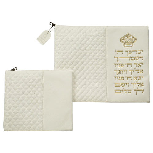 Leatherette Tallit - Tefillin Set 36*29 cm White with Embossed Letters