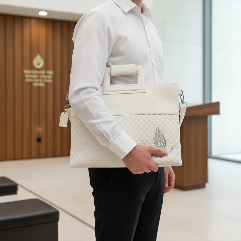 PU Leathere Fabric Talit & Tefilin Set 38*31 cm with Handles&embossed Logo - White