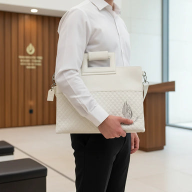 PU Leathere Fabric Talit & Tefilin Set 38*31 cm with Handles&embossed Logo - White