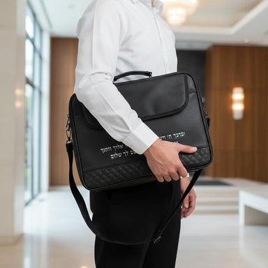 PU Leathere Fabric Talit 43*36 cm with Handle- Black with Embossed Letters