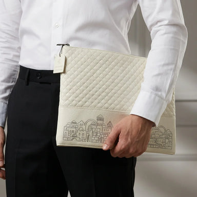 Leatherette Tallit - Tefillin Set 36*29 cm White with Embossed Texture
