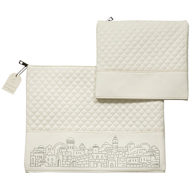 Leatherette Tallit - Tefillin Set 36*29 cm White with Embossed Texture