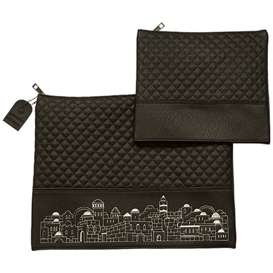 Leatherette Tallit - Tefillin Set 36*29 cm Black with Embossed Texture