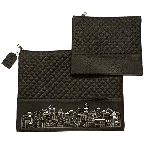 Leatherette Tallit - Tefillin Set 36*29 cm Black with Embossed Texture