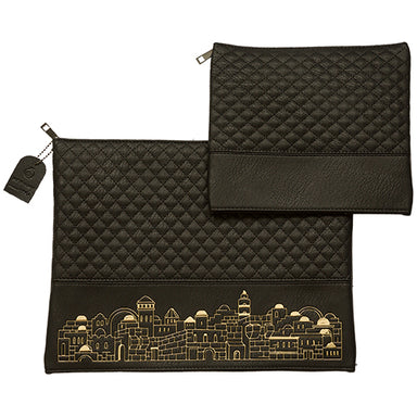 Leatherette Tallit - Tefillin Set 36*29 cm Black with Embossed Texture