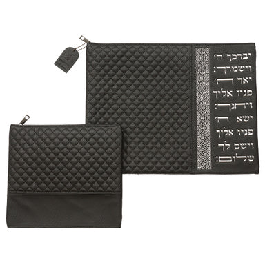 Leatherette Tallit - Tefillin Set 36*29 cm Black with Embossed Texture - Silver