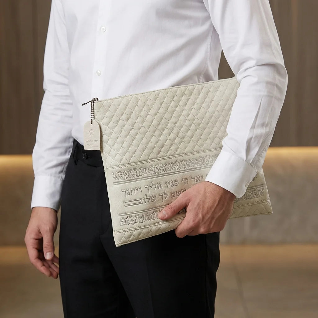 Leatherette Tallit - Tefillin Set 36*29 cm Gray with Embossed Texture - Silver