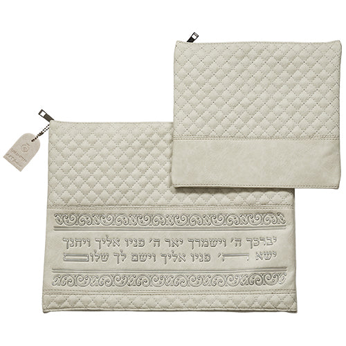 Leatherette Tallit - Tefillin Set 36*29 cm Gray with Embossed Texture - Silver
