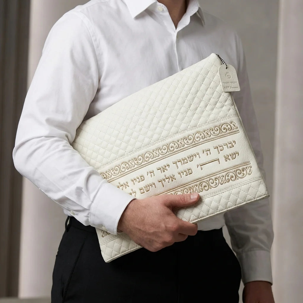 Leatherette Tallit - Tefillin Set 36*29 cm White with Embossed Texture - Gold