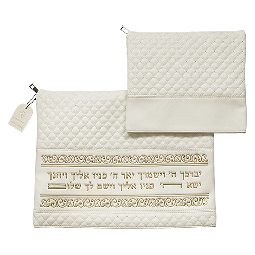 Leatherette Tallit - Tefillin Set 36*29 cm White with Embossed Texture - Gold