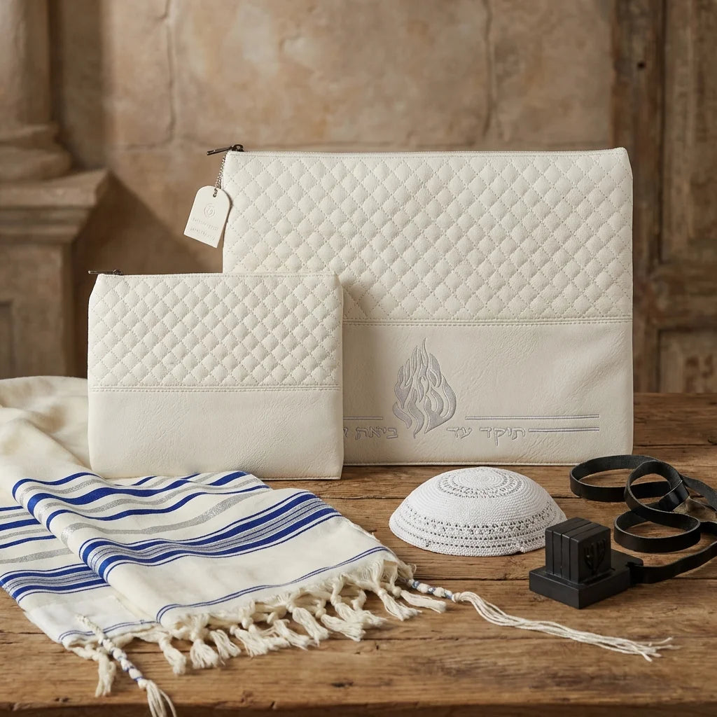 Leatherette Tallit - Tefillin Set 36*29 cm with Embossed Logo - White
