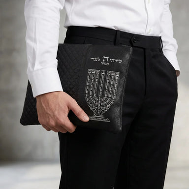 Leatherette Tallit - Tefillin Set 36*29 cm Black with Embossed Letters - Silver