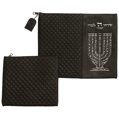 Leatherette Tallit - Tefillin Set 36*29 cm Black with Embossed Letters - Silver