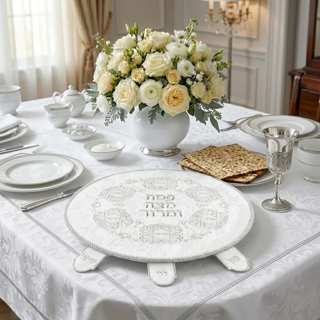 Satin Passover Cover 45 cm, with Embroidery - Silver