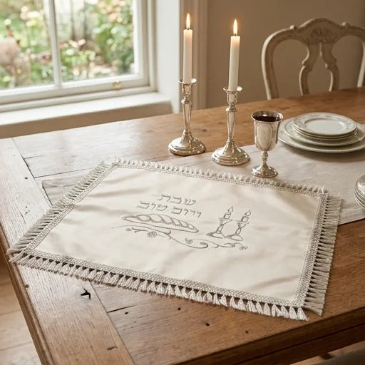 Satin Challah Cover with Embroidery 42x52 cm - White