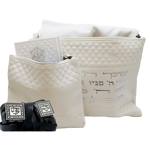 Leatherette Tallit & Tefillin Set 38*31 cm - Gray with Embossed Letters - Silver