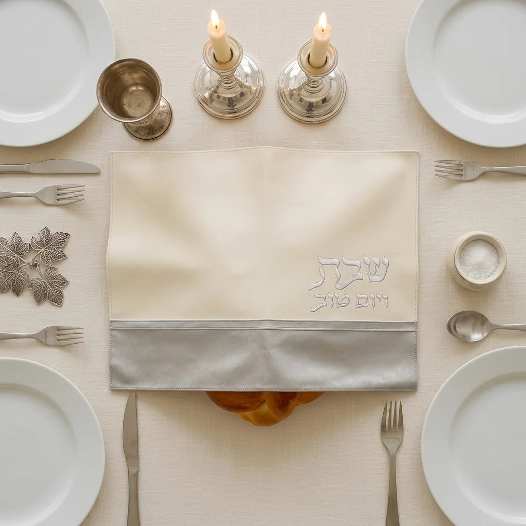 Leatherette Challah Cover 45x55 cm with Embossed Logo - Silver, White