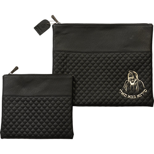 Leatherette Tallit - Tefillin Set 36*29 cm with Embossed Logo - Black - Gold