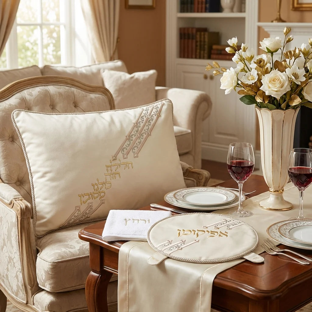 Leatherette 4 pcs Passover Set: Pillow, Passover & Afikoman Covers with Towel