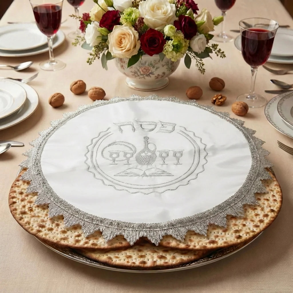 White Satin Passover Set with Embroidery: Passover and Afikoman Covers 46 cm