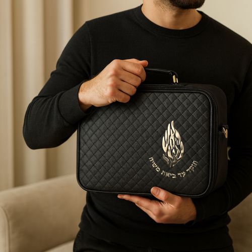 Leatherette Tefillin Bag 26*23 cm with Handle- Black with Embossed Letters