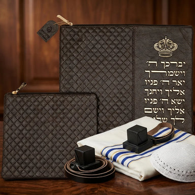 Leatherette Tallit - Tefillin Set 36*29 cm Black with Embossed Letters - Brown