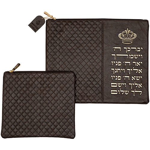 Leatherette Tallit - Tefillin Set 36*29 cm Black with Embossed Letters - Brown