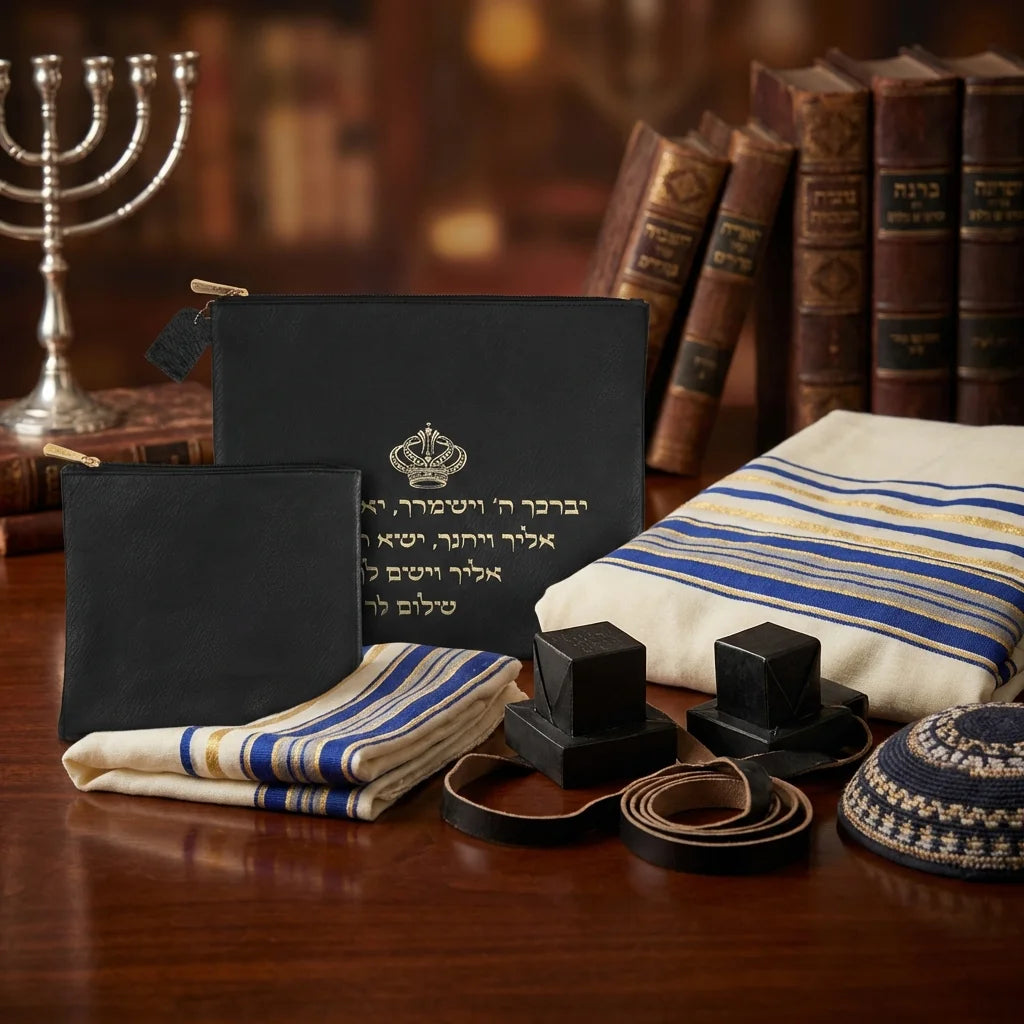 Leatherette Tallit & Tefillin Set 38*31 cm - Black with Embossed Letters