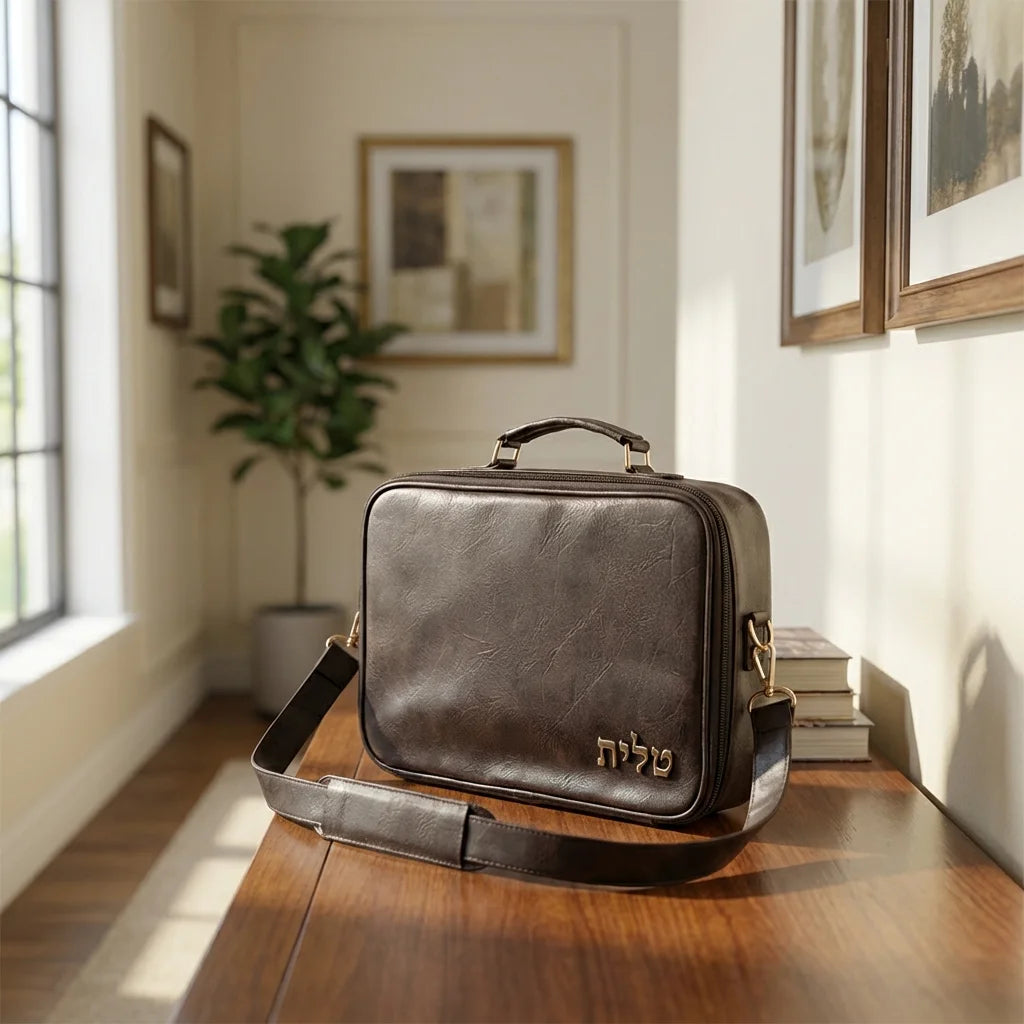 Leatherette Small Fabric Tfilin 23*36 cm with Handle- Dark Brown with Embossed Letters