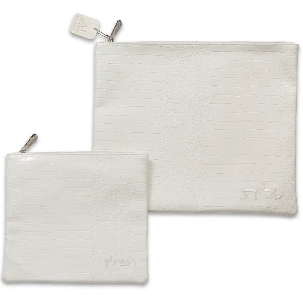 White Leatherette Tallit - Tefillin Set 39*31 cm with Embroidery