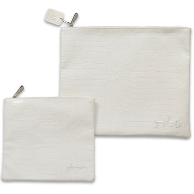White Leatherette Tallit - Tefillin Set 39*31 cm with Embroidery
