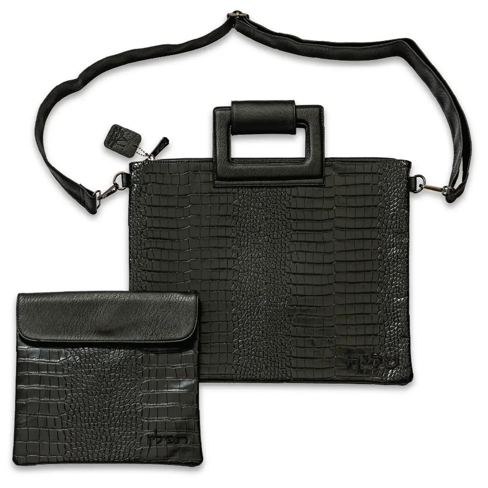 Black Leatherette Fabric Talit & Tefilin Set 39*31 cm with Embroidery