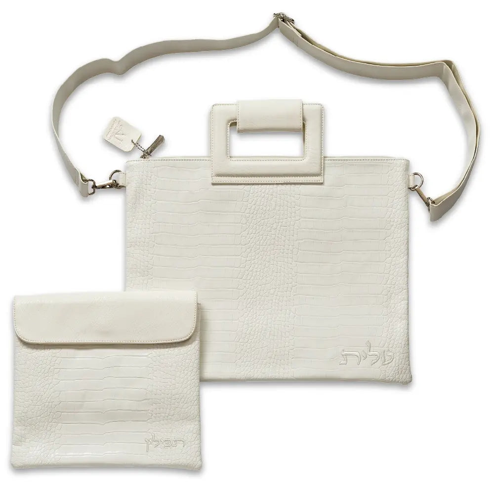 White Leatherette Fabric Talit & Tefilin Set 39*31 cm with Embroidery