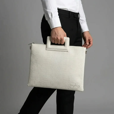White Leatherette Fabric Talit & Tefilin Set 39*31 cm with Embroidery