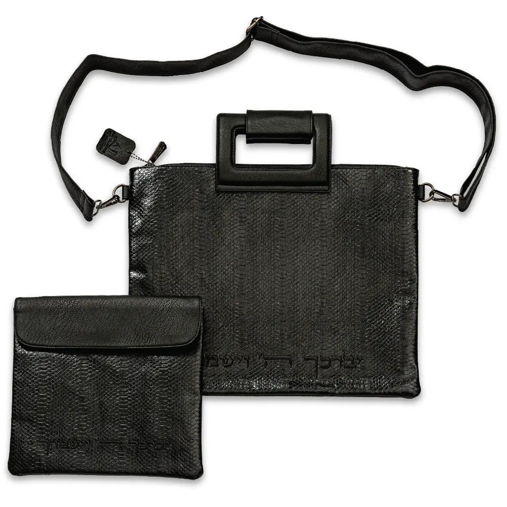 Black Leatherette Fabric Talit & Tefilin Set 39*31 cm with Embroidery