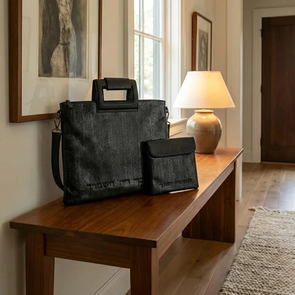 Black Leatherette Fabric Talit & Tefilin Set 39*31 cm with Embroidery