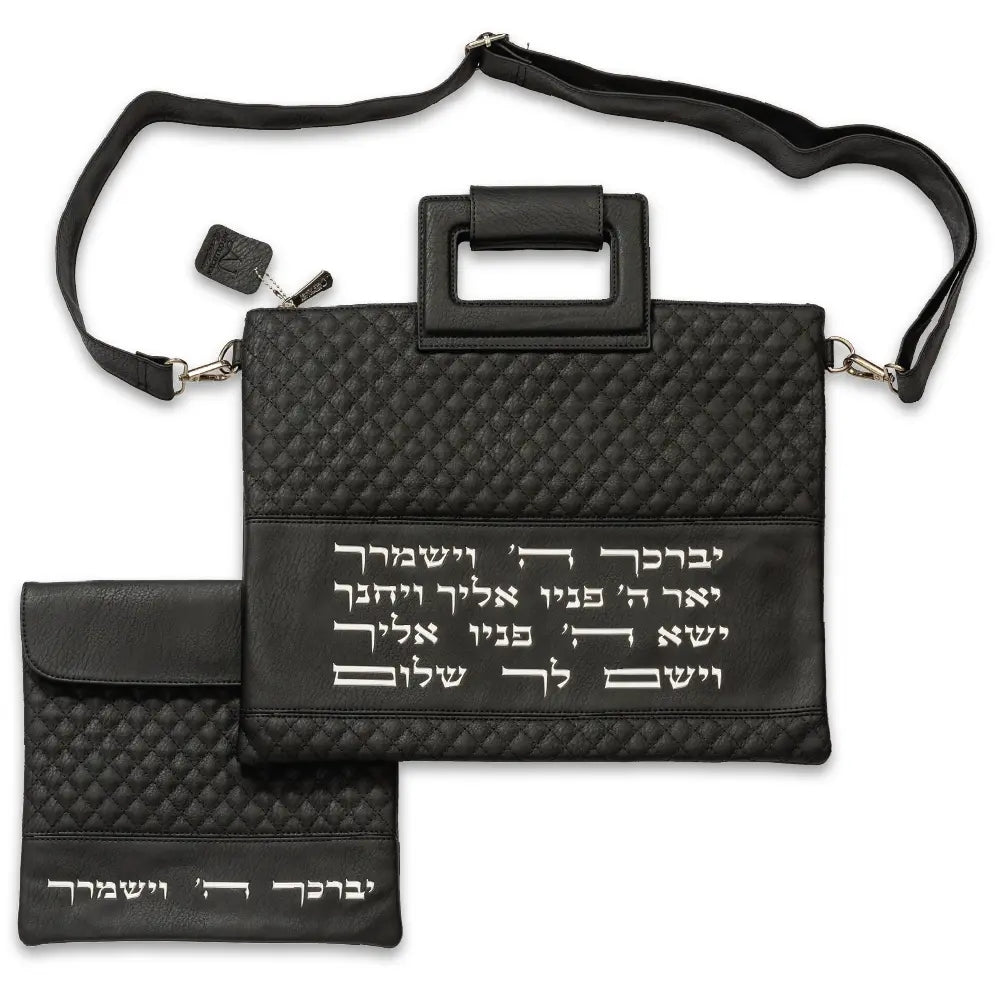 Faux Leather Talit - Tefilin Set 36*29 cm with Bold Embroidery - Black