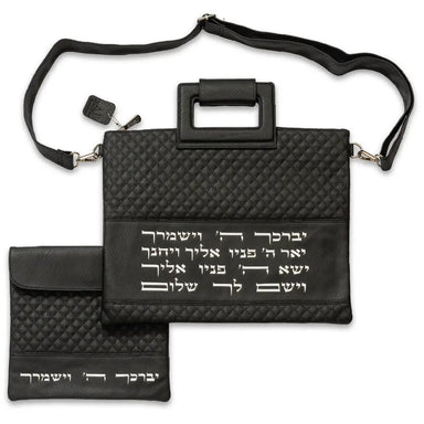Faux Leather Talit - Tefilin Set 36*29 cm with Bold Embroidery - Black