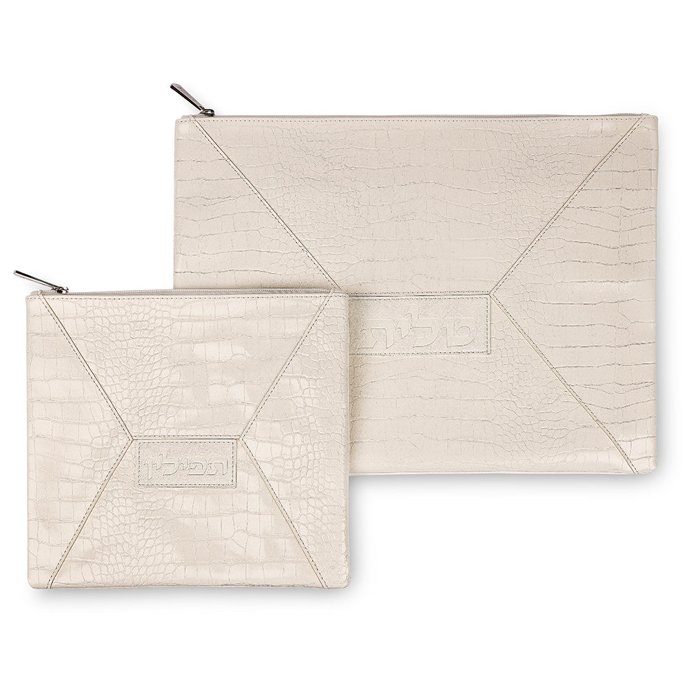 Leatherette Tallit - Tefillin Set 36x29 cm - White