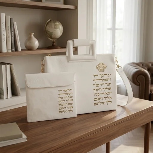 Leatherette Fabric Talit & Tefilin Set 38*31 cm - White with Embossed Letters