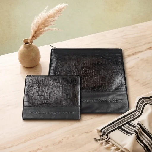 Leather Tallit & Tefillin Set 33x37 cm - Black