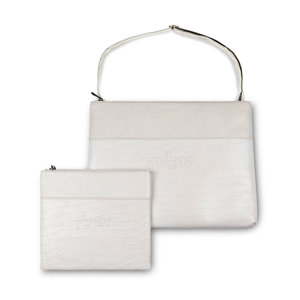 Leather Tallit & Tefillin Set 29x38 cm - White