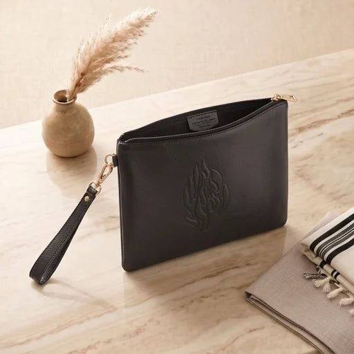 Leather Tefilin Clutch Bag with Embossed logo 26.5x20.5 cm - Black