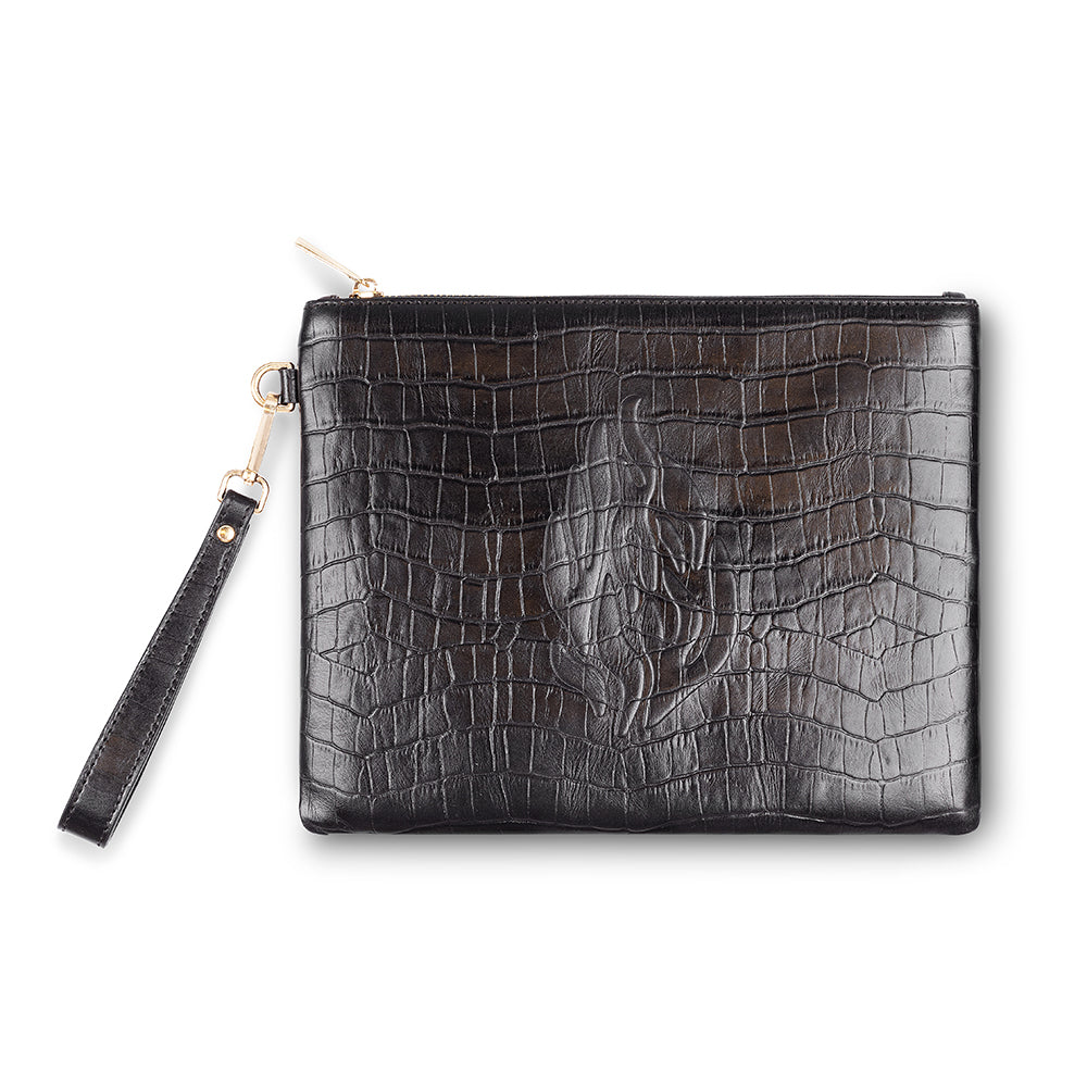 Leather Tefilin Clutch Bag with Embossed logo 26.5x20.5 cm - Black